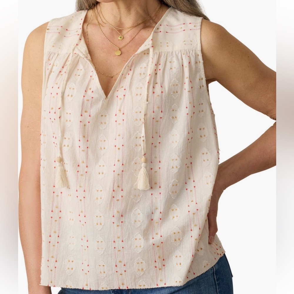 NEW Faherty Skylar Beaded Tie Neck Dobby Top
